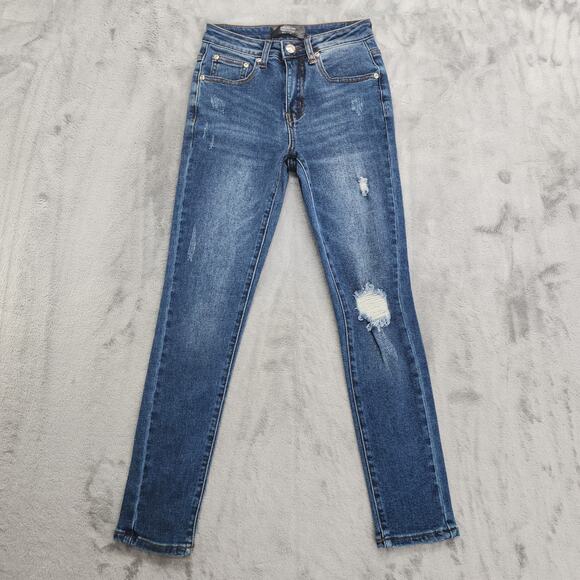 Monkey Ride Jeans Denim - Monkey Ride Jeans Womens 1/25 Blue Distressed Mid Rise Skinny Original Vintage